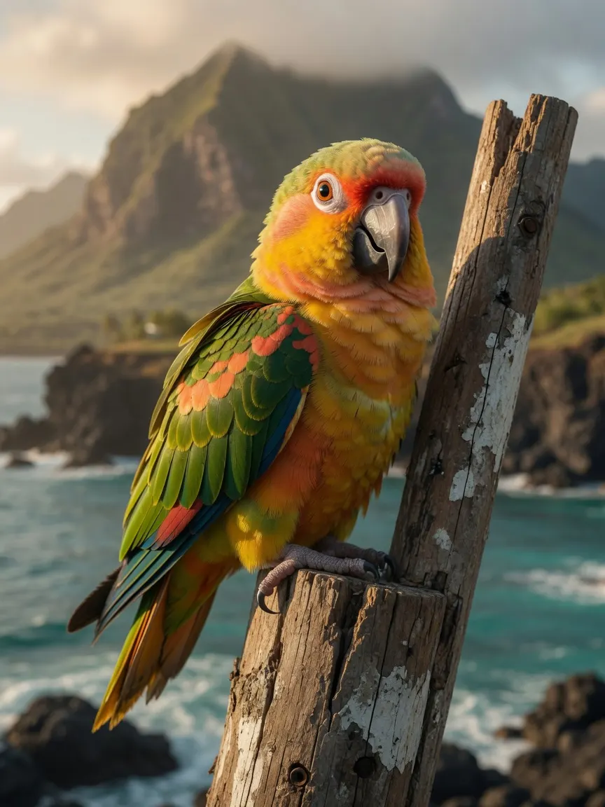 Mango the parrot on a weathered pole